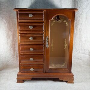 Vintage NK Jewelry Armoire | Wood Box w Acrylic Door 6 Drawers